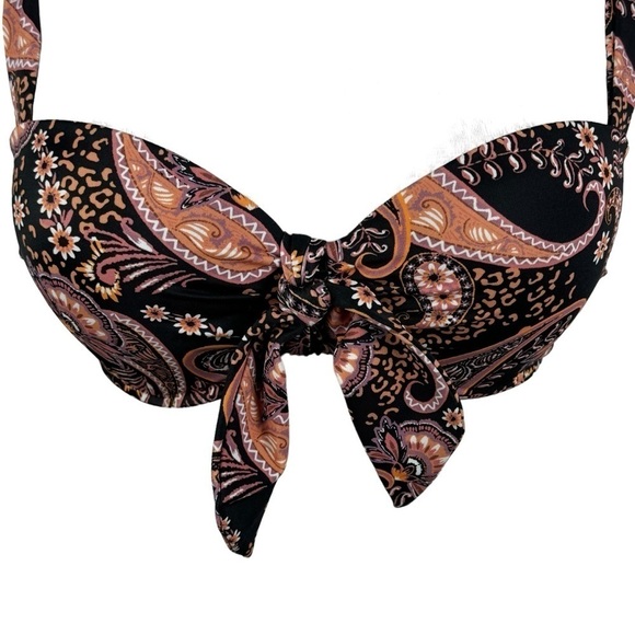 Shade & Shore Floral Paisley Bikini Top Women's 34B Front Knot Black Brown - Picture 2 of 10
